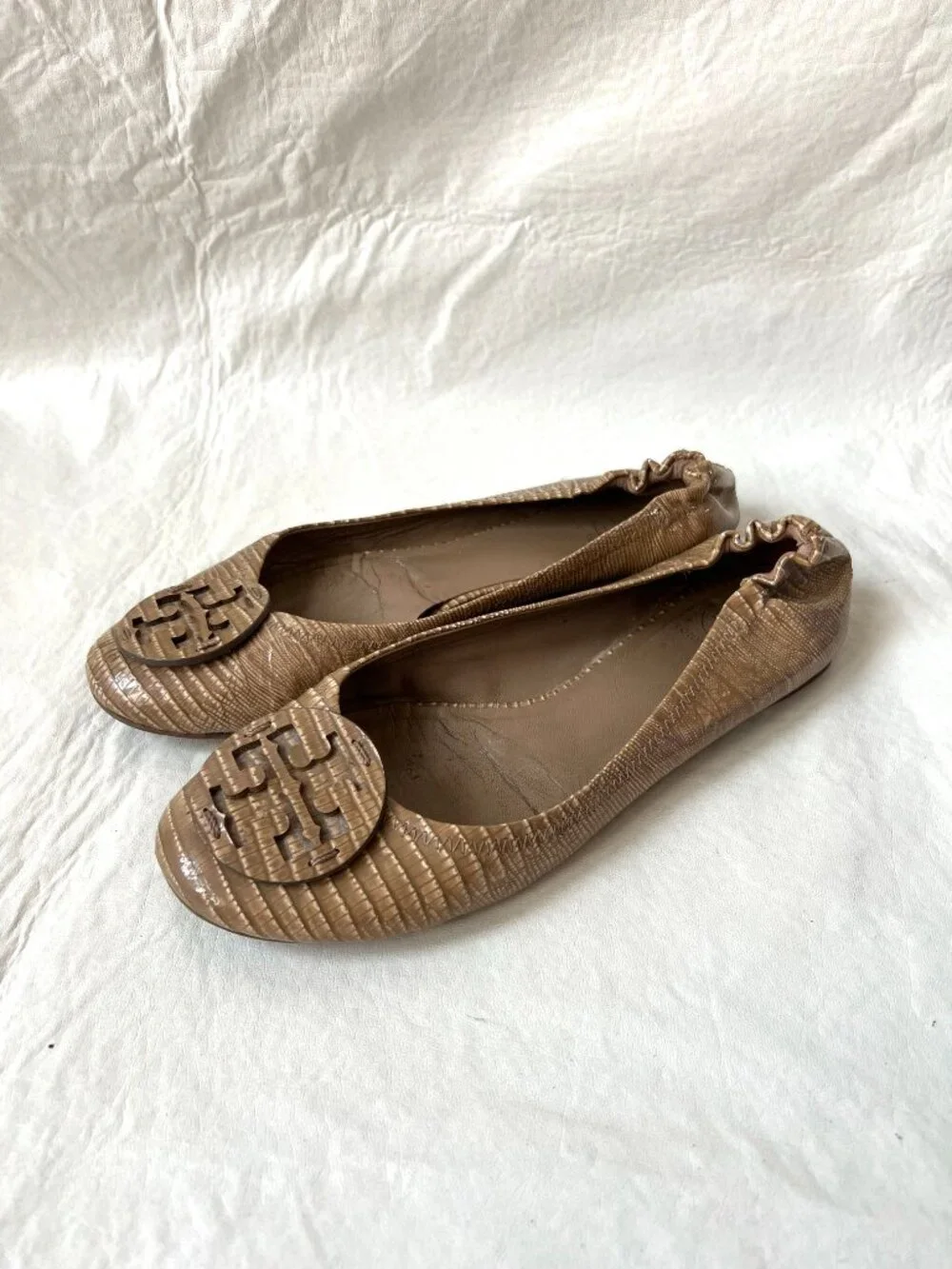 Tory Burch ballet flats womens 9 tan brown leather lizard print slip on shoes